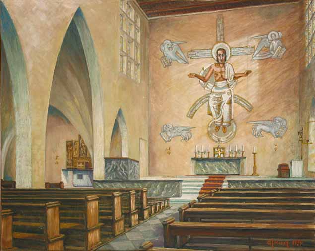 Inneres der St. Laurentius-Kirche, gemalt von Heinz Fehmer